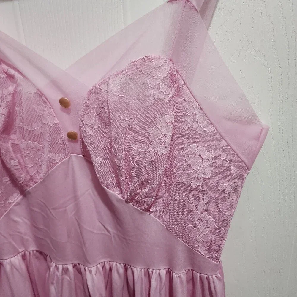 Vintage CAROL BRENT‎ Sleeveless Lingerie Nightgown Dress Lace/Satin Pink Size 34